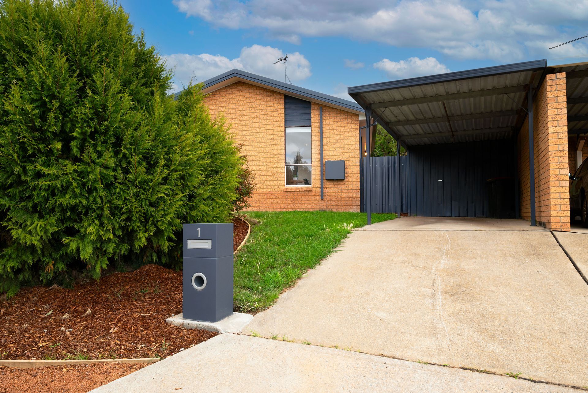 A brick house with a carport, driveway, and mailbox in front of a green bush.