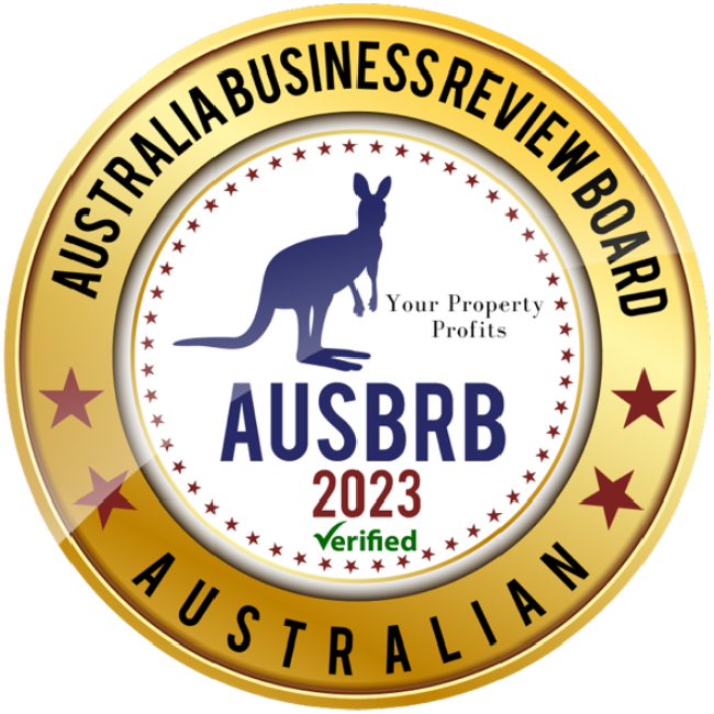 Australia Business Review Board seal. Gold and red colors. Kangaroo icon. 