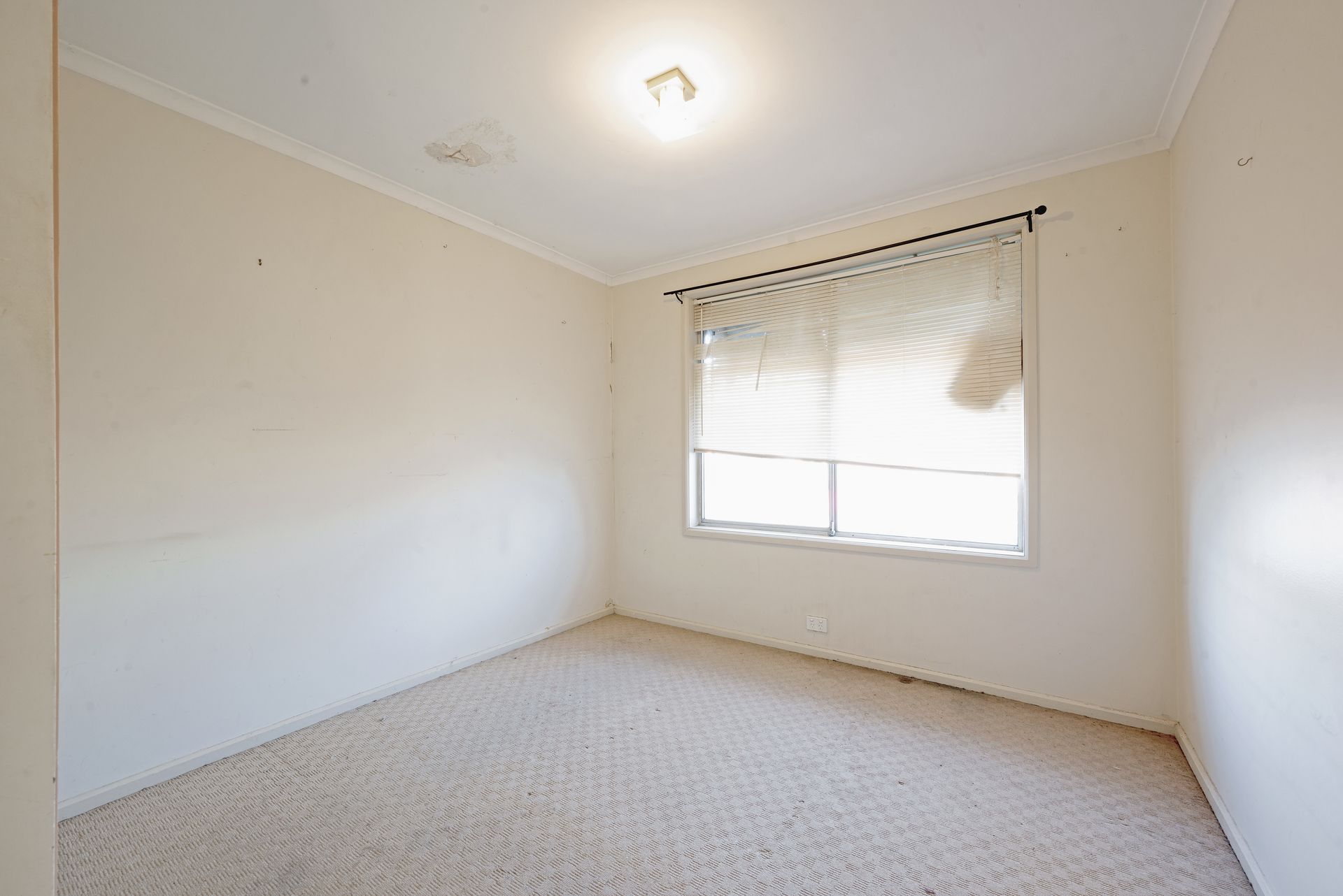Brick house with overgrown grass in front, bright sun in the sky.