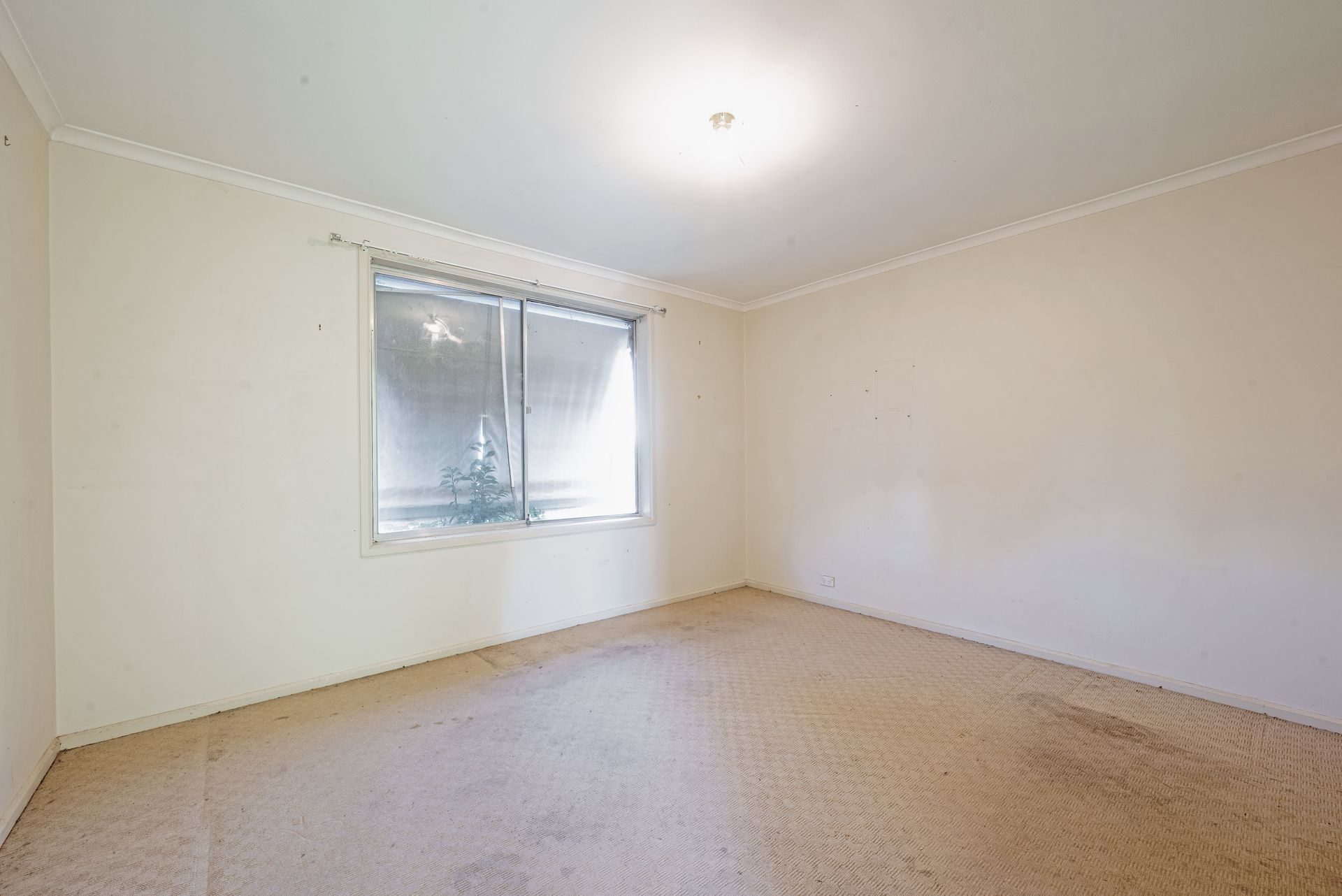 Empty bedroom with a bed, boxes, and a window. Beige walls and carpet.