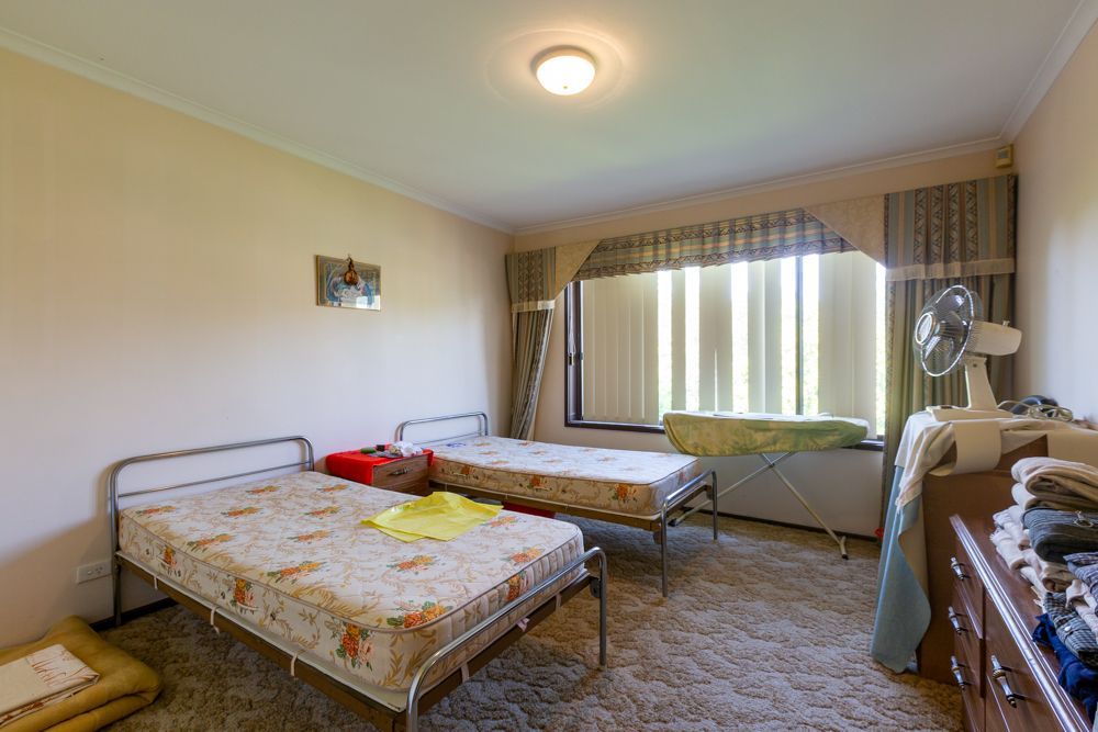 Green backyard with lawn, trees, shrubs, and clothesline.