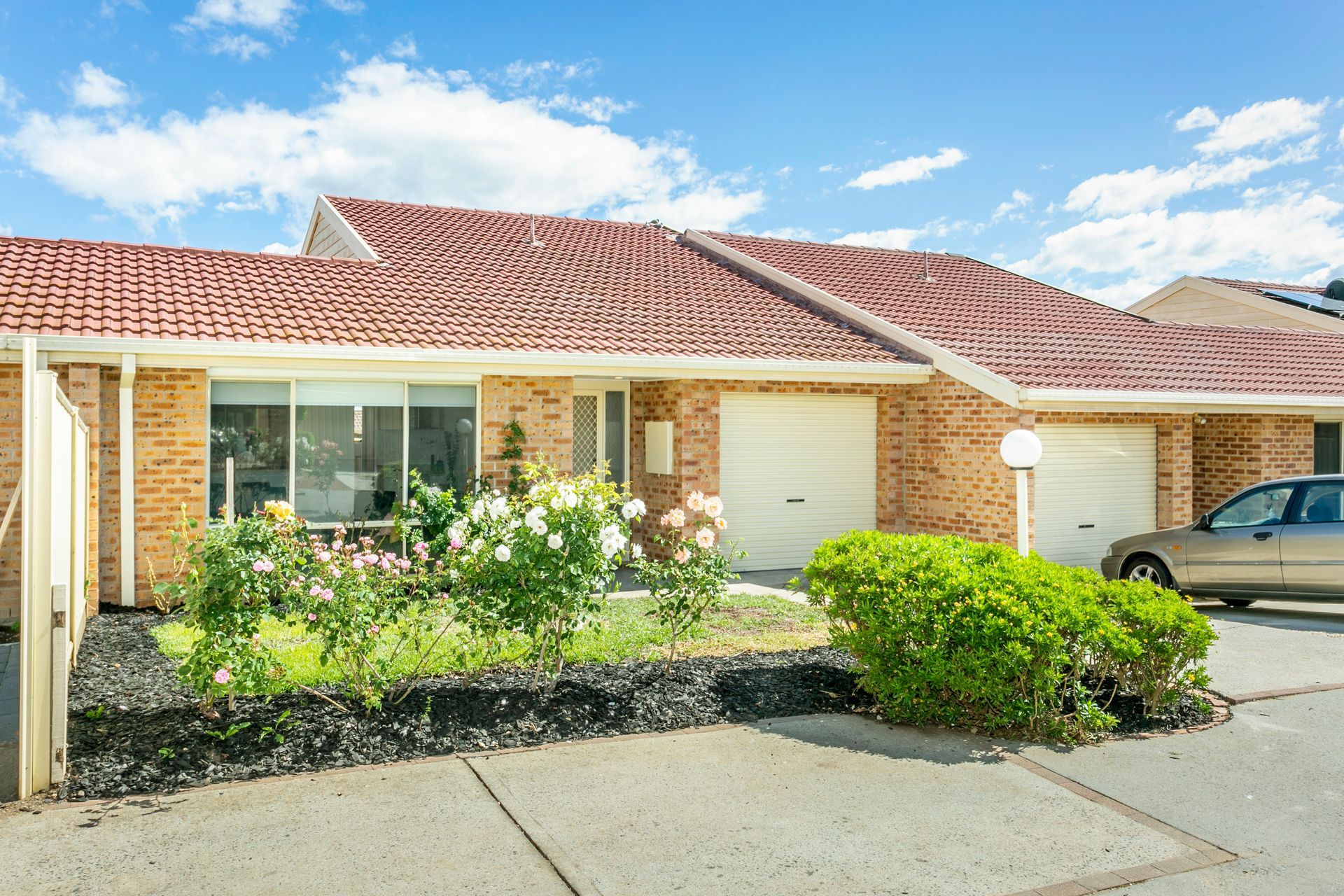 Bedroom with a bed, nightstands, window, and decorative art; white walls, neutral carpet.