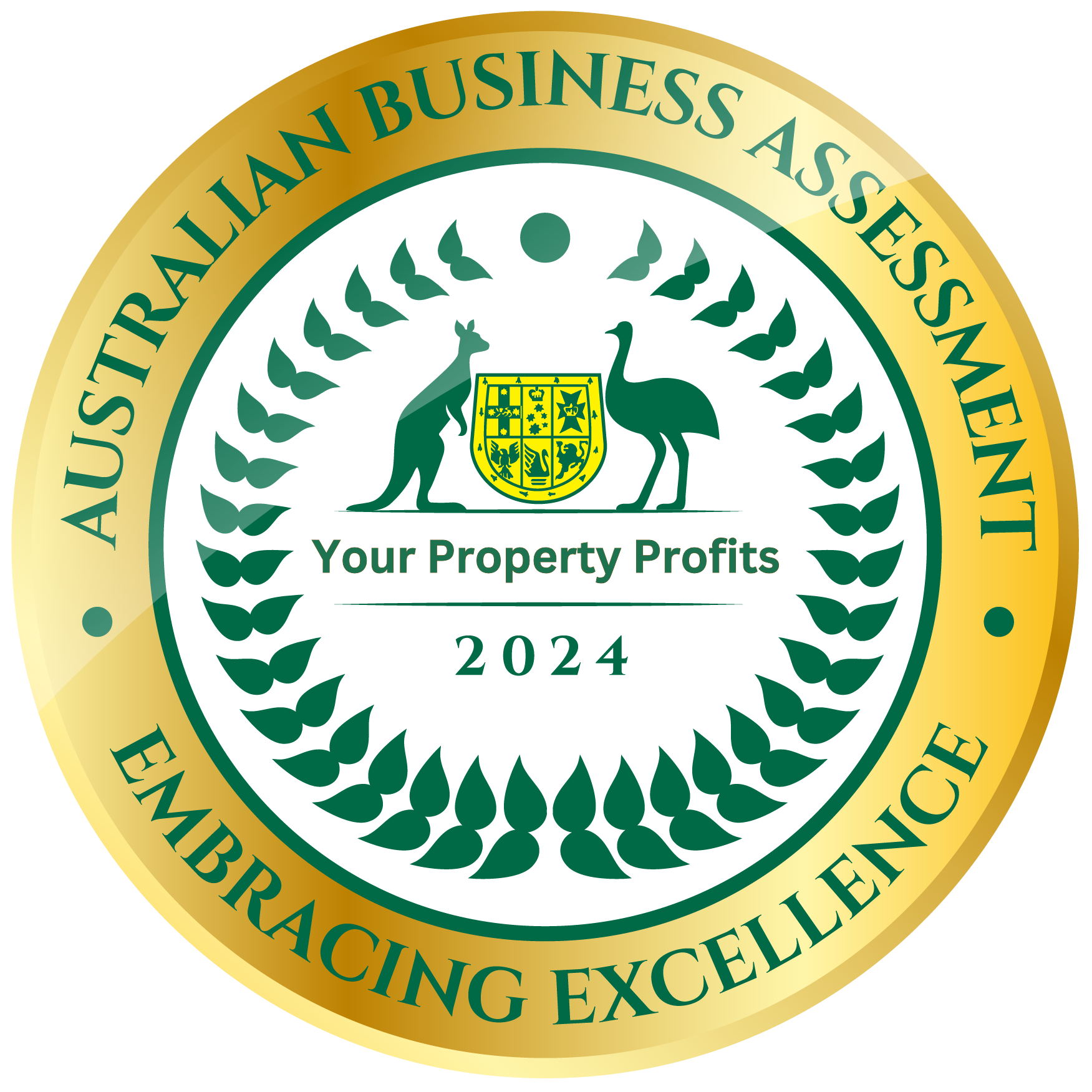Gold and green Australian Business Assessment badge for Your Property Profits, 2024, with kangaroo, emu, and coat of arms.