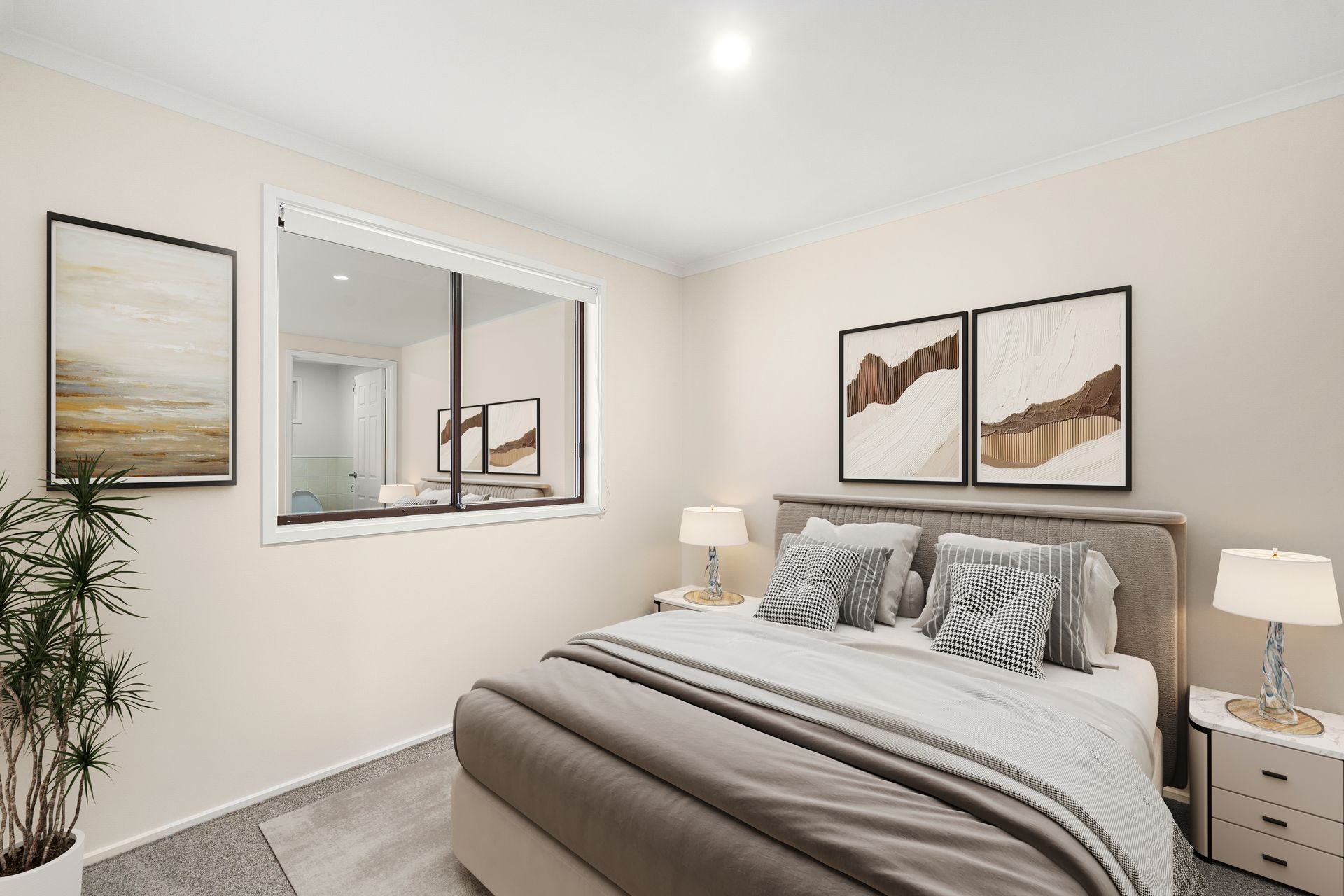 Bedroom with bed, art, window, and bedside tables, decorated in neutral tones.