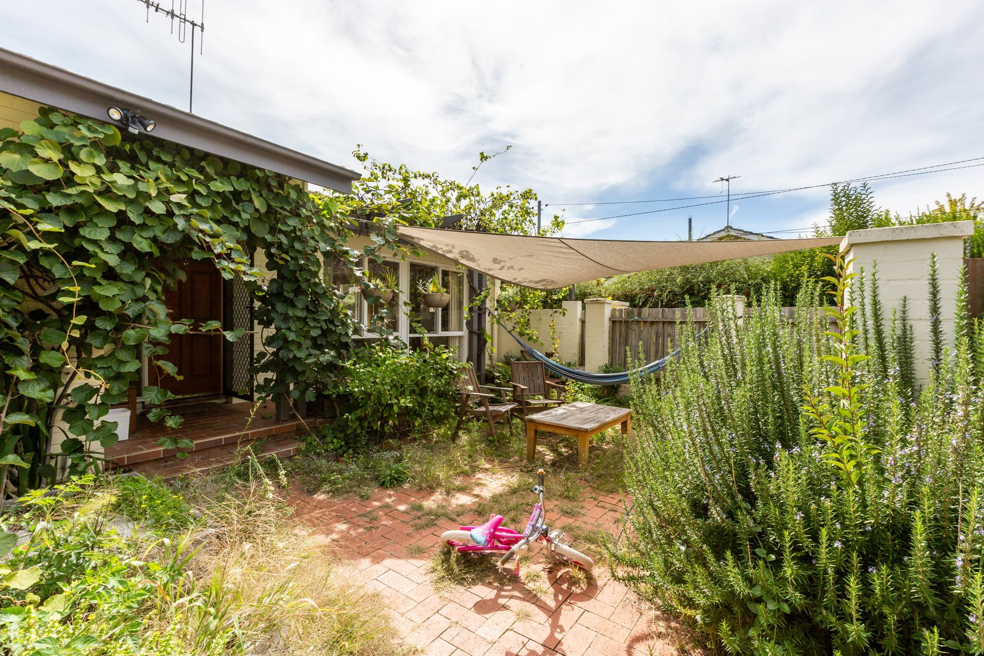 Interior view of a kitchen and living area, with a washing machine and clutter visible.