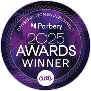 Canberra Women in Business 2025 Awards Winner badge with purple and white text and the Parbery logo.