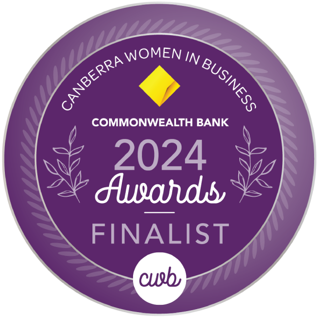 Purple and white Canberra Women in Business 2024 Awards Finalist badge. Commonwealth Bank logo.