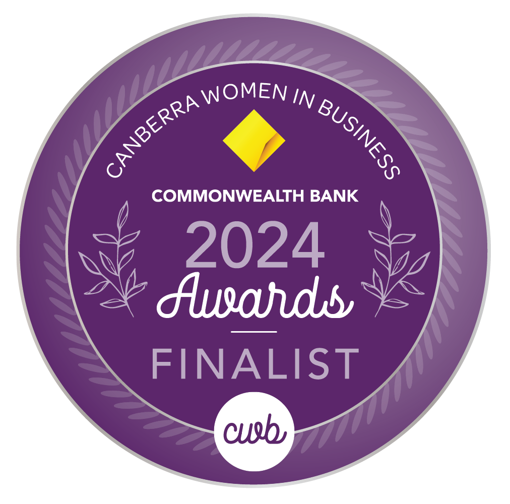 Canberra Women in Business Awards 2024 Finalist badge, purple with white text, Commonwealth Bank logo, and floral accents.