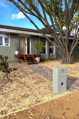 Green house with wooden porch and steps, surrounded by a yard with brown leaves and a tree.
