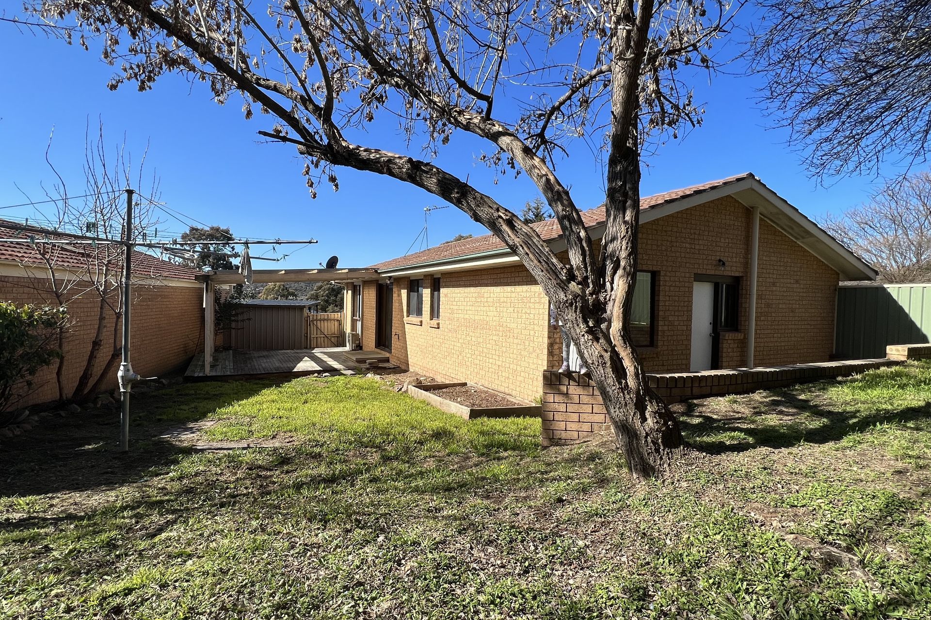 Open-plan kitchen and dining area with light wood floors, a beige island, and cream-colored cabinets.