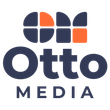 Logo for Otto Media, navy blue text and icon. Orange and navy blue square and curved shapes in the icon.