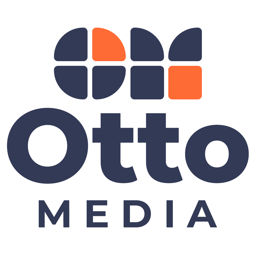 Logo for Otto Media, navy blue text and icon. Orange and navy blue square and curved shapes in the icon.