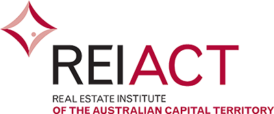 REIACT logo: maroon and black text, abstract diamond shape, 