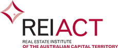 REIACT logo: maroon and black text, abstract diamond shape, 