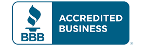 BBB Accredited Business logo, blue and white, with a torch and the words 