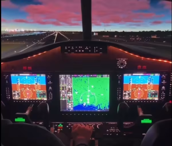 A cockpit of an airplane with a sunset in the background