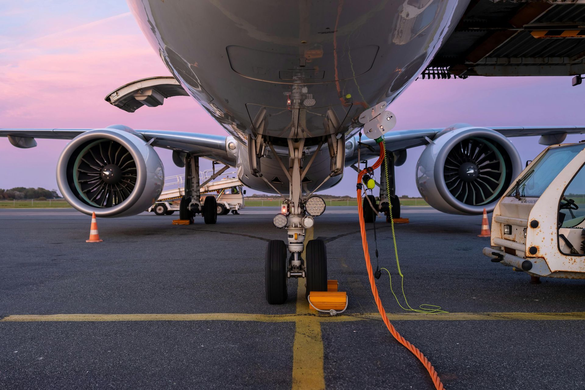A large passenger jet is being fueled at an airport.