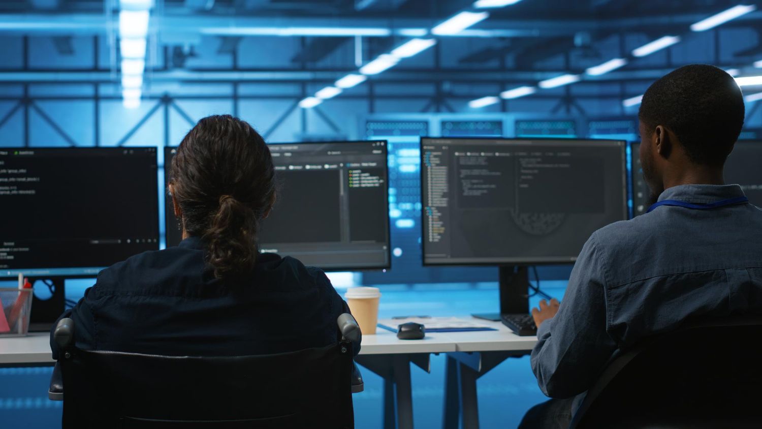 Two people seated at desks with computer monitors, working in a blue-lit tech environment.