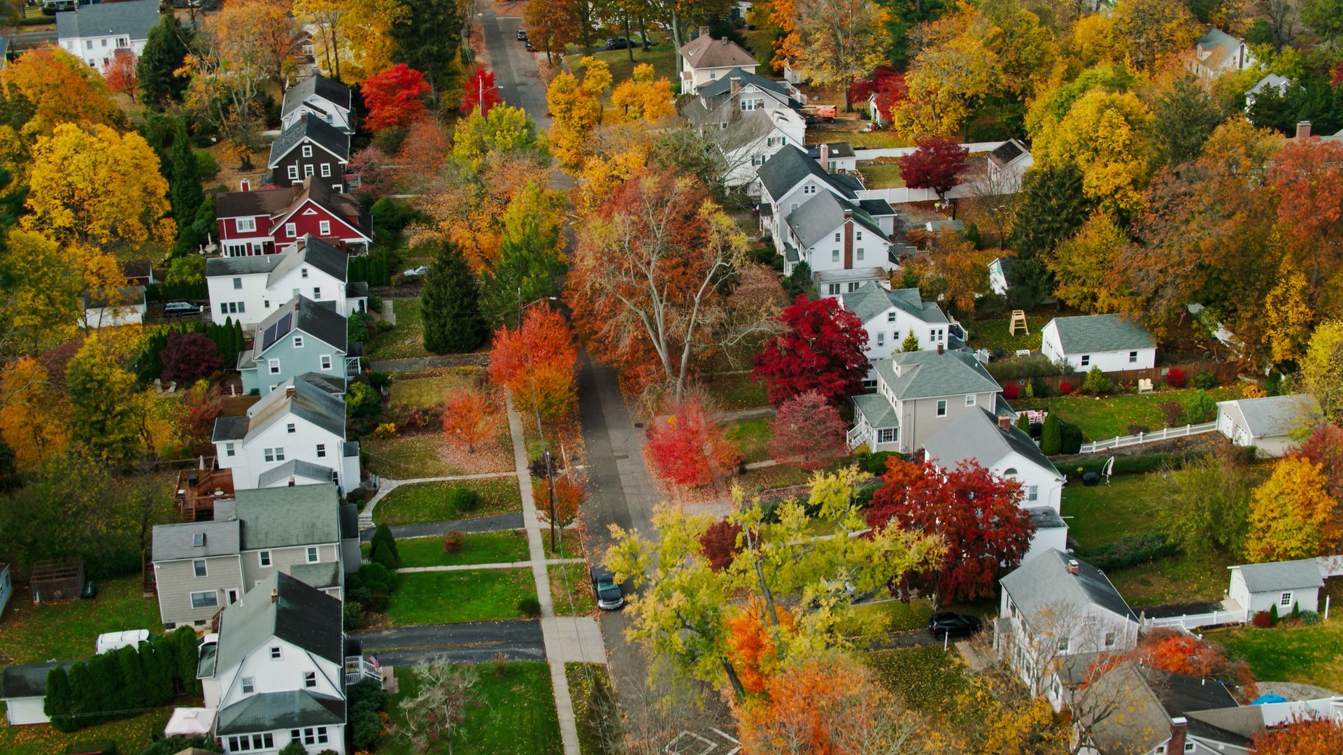 An aerial view of a residential neighborhood in the fall with trees changing colors.