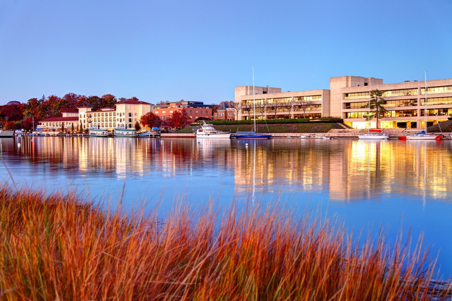 A large body of water with boats in it and buildings in the background.