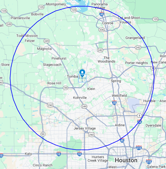 Map of Houston area with a blue circle, indicating a specific radius from a central point.