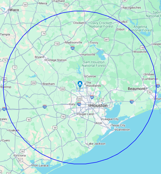 Map of Houston, Texas with a blue circle overlay, illustrating a radius around the city.