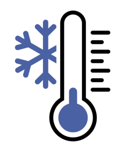 Thermometer and blue snowflake indicating cold temperature.