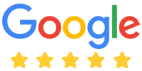 Google logo with five gold stars.