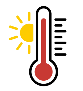 Thermometer with red mercury, next to yellow sun, indicating hot weather.