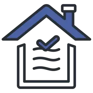 Blue house with chimney and a document with a check mark inside.