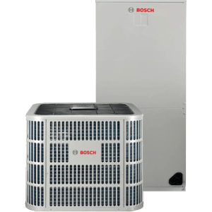 Bosch air conditioning system with outdoor condenser unit and indoor air handler. Gray and white.