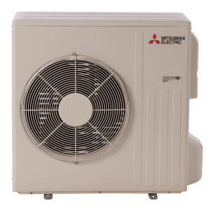 Mitsubishi Electric outdoor air conditioning unit. Beige color, with a circular fan grill.