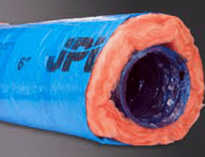 Insulated flexible air duct; blue plastic exterior, orange insulation, dark interior.