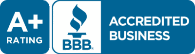 BBB A+ rated accredited business logo. Blue and white colors with a torch icon.