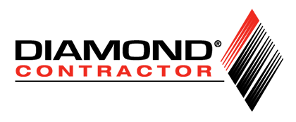 Logo for Diamond Contractor, with diamond graphic and text in black and red.