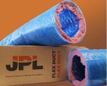 Flexible air duct with pink insulation and blue wrapping, on a box labeled