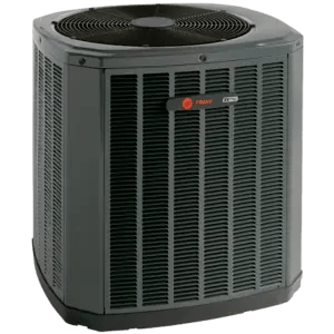 Dark gray Trane air conditioning unit with top fan, outdoors.