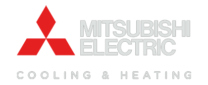 Mitsubishi Electric logo, red diamond shapes, gray text: Mitsubishi Electric Cooling & Heating.
