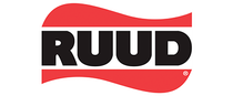 RUUD logo with black letters on a red wave-like background.