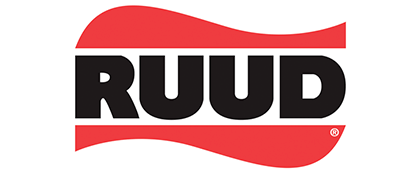 RUUD logo with black text inside a red wavy shape.