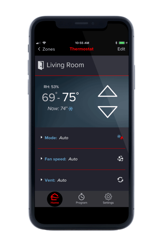Smartphone app displaying living room thermostat controls: temperature, mode, fan speed, and vent settings.
