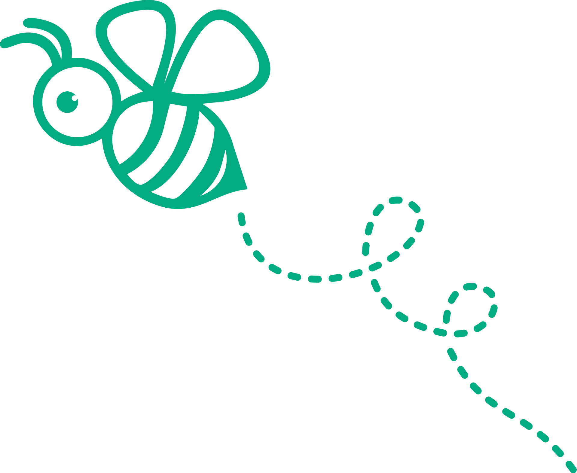 Green cartoon bee with a dotted flight trail on a white background