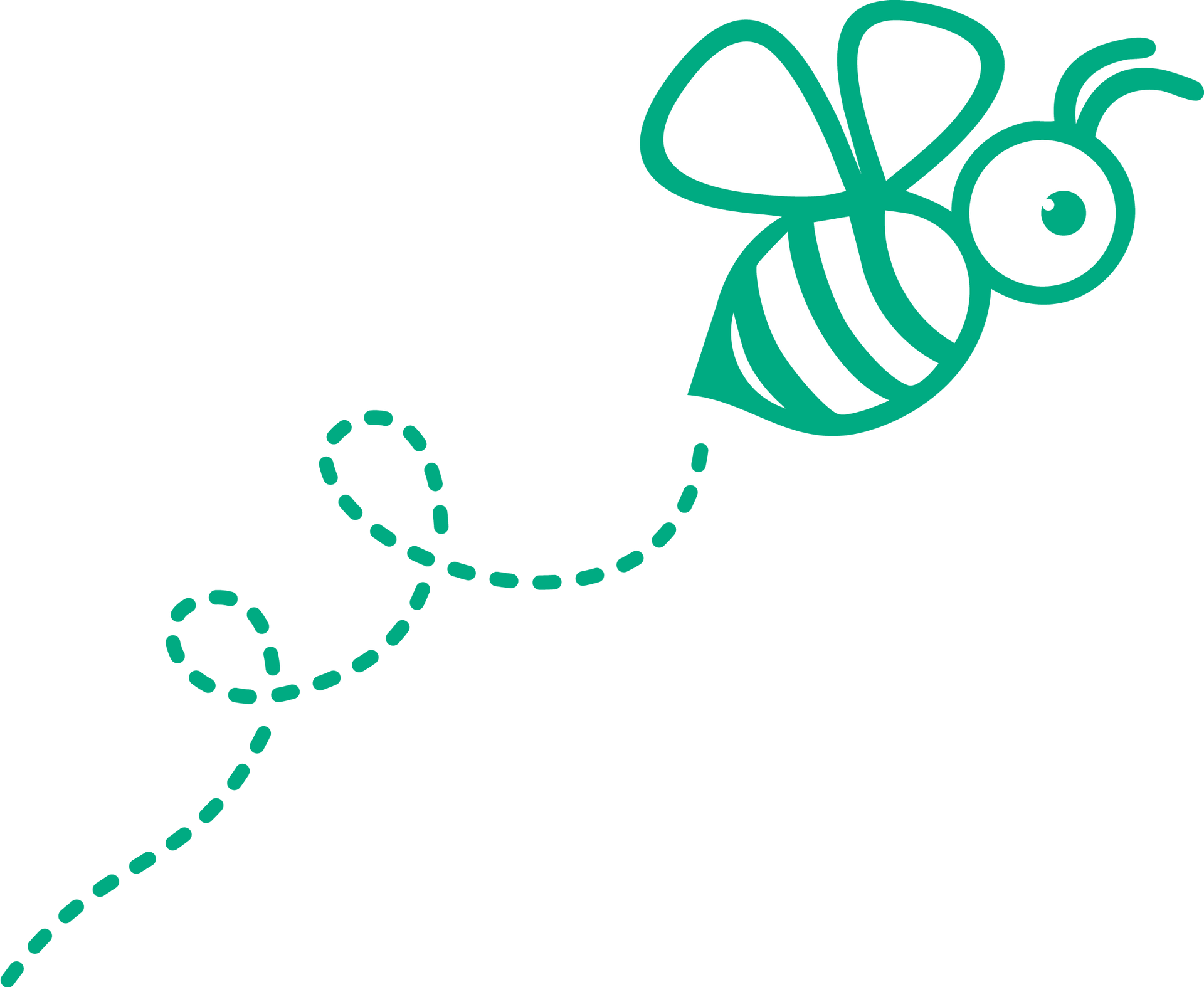 Green line-art bee flying with a dotted trail on a white background