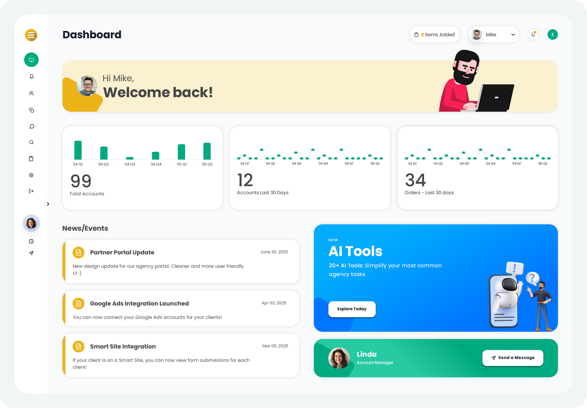 Dashboard with welcome banner, analytics cards, task list, and blue AI tools panel on a clean white interface