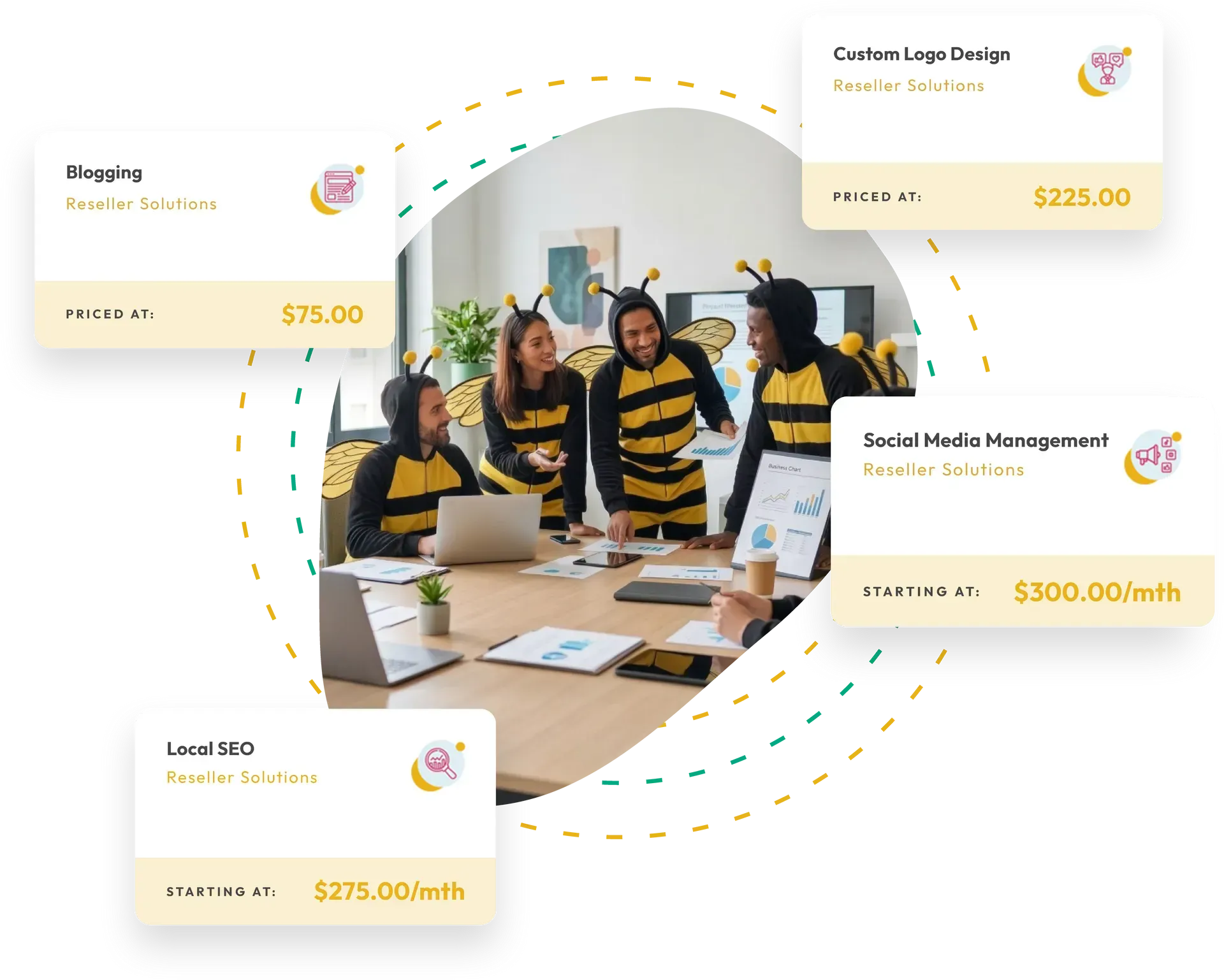 People collaborating at a table with floating service cards and pricing in a bright office setting