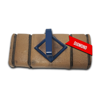 A diamond shaped object with a blue handle