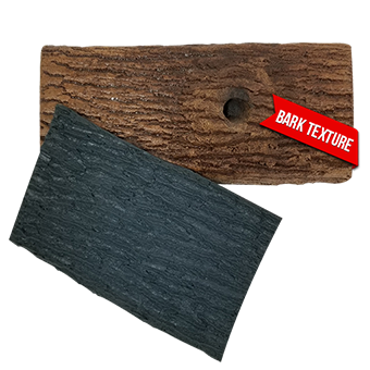 A piece of wood with a red label that says bark texture