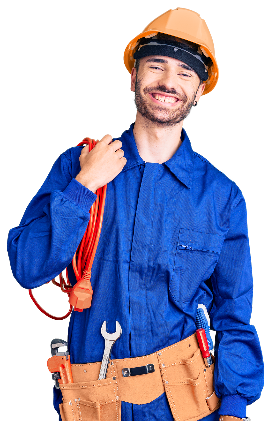 man wearing elecrician uniform holding cable