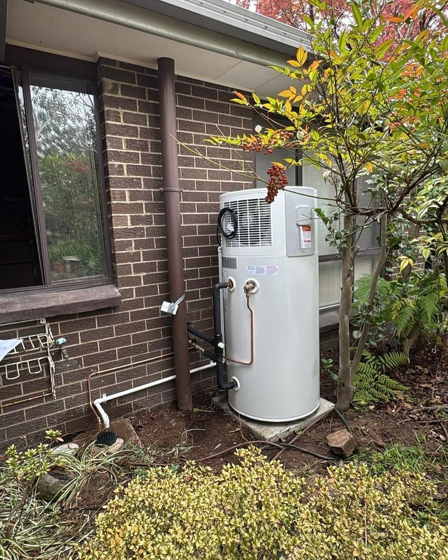 Hot water heater next to a brick wall and a small tree. — Demetrius Projects in Queanbeyan East, NSW