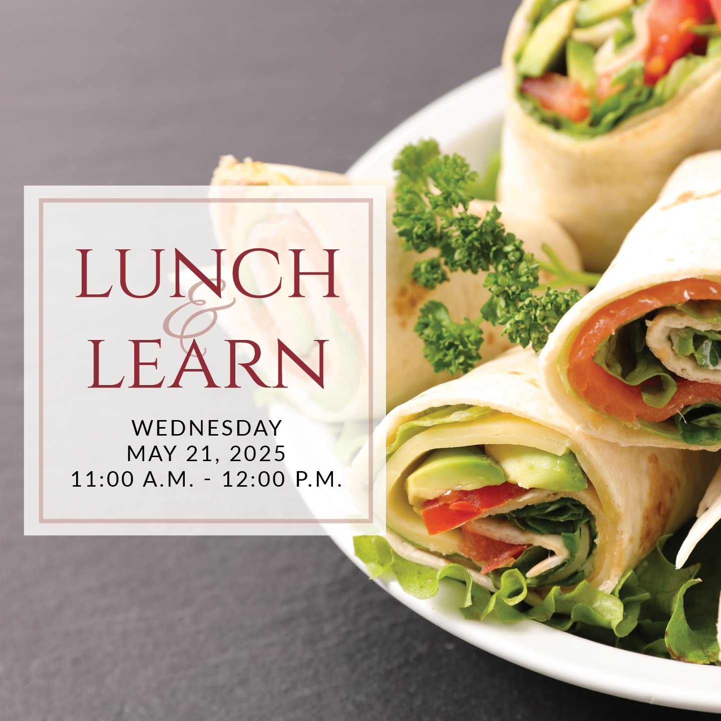 a plate of sandwiches on a table with the words lunch & learn on it